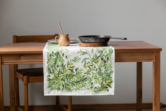 Table runner, olives, housewarming gift, easter table runner, housewarming, farmhouse runner, table decor, linen, table cloth, hand made
