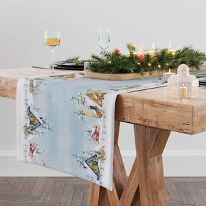 Christmas table runner, Winter landscape with a small wooden winter houses, linen table runner, 100% linen, Christmas decor