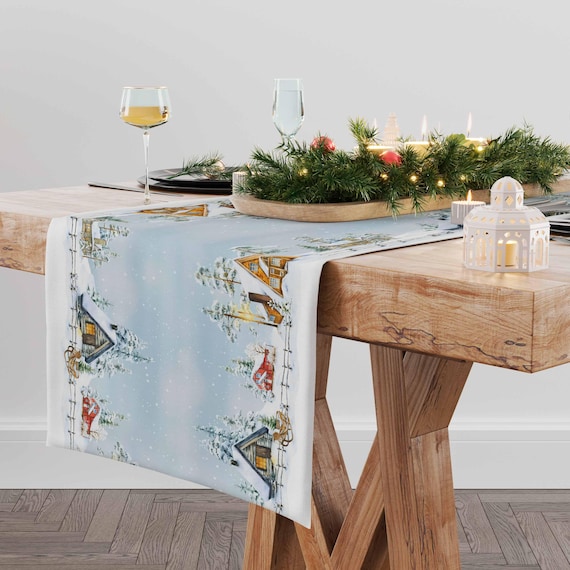 Christmas table runner, Winter landscape with a small wooden winter houses, linen table runner, 100% linen, Christmas decor