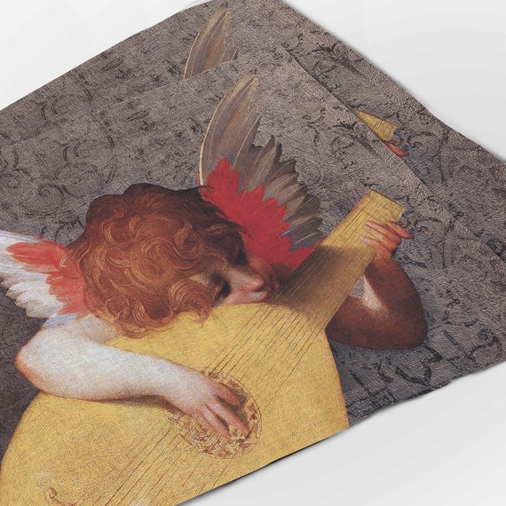 Placemat set, Cherub Playing a Lute, Rosso Fiorentino, 100% linen, Putto, fabric placemats, Placemats vintage art print