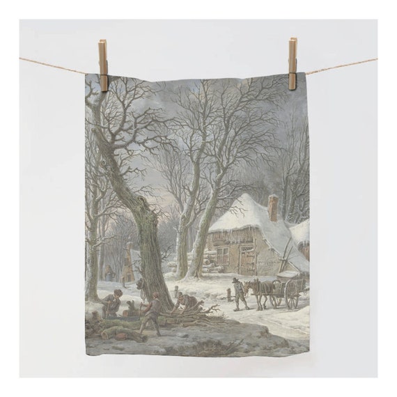 Kitchen towel, Winterlandschap, Pieter Pietersz Barbiers, dish towel, linen towel, towel with hook, 100% linen, linen kitchen towel