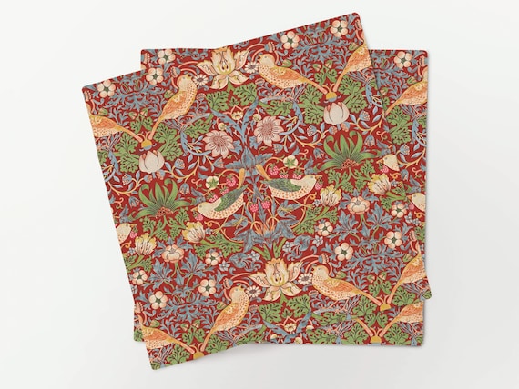 William Morris Strawberry Thief Linen Napkins, 100% linen, Victorian Red, Handmade