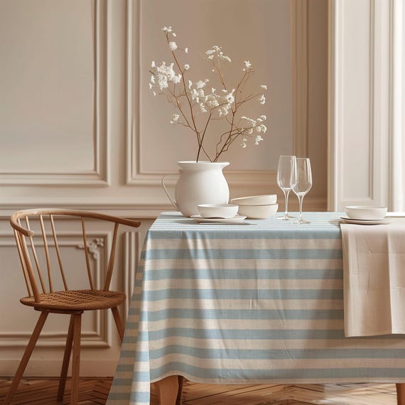 Linen tablecloth, Blue Stripes, 100% linen fabric
