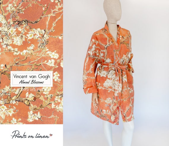 Kimono robe, Vincent van Gogh, kimono cardigan, bathrobe, Almond blossom, 100% linen, bridesmaid gift, Linen robe, linen, Linen bathrobe