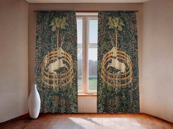 Linen Curtains Set, The Unicorn in Captivity, Gothic Home Decoration