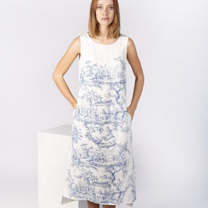 Handmade Linen Dress, Toile de Jouy Floral Print, French Style Sleeveless
