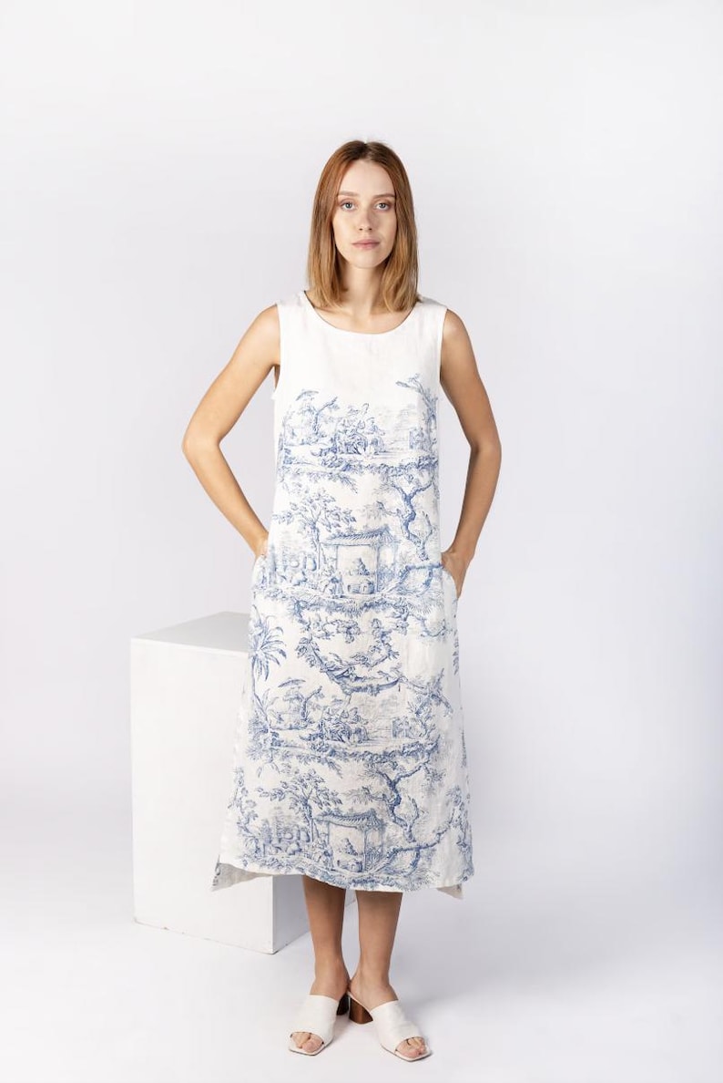 Handmade Linen Dress, Toile de Jouy Floral Print, French Style Sleeveless