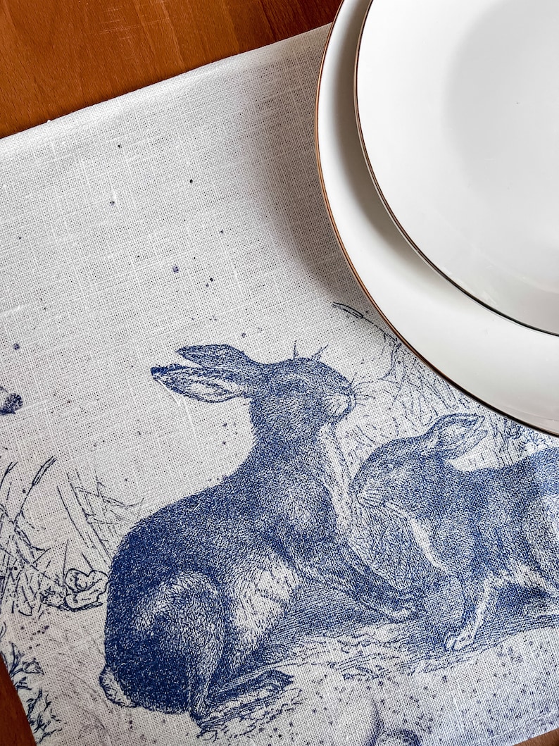 Easter placemats, Toile de Jouy Rabbit, linen placemats, Easter table decor, Easter rabbit, Toile de Jouy, 100% linen, Europe image 2