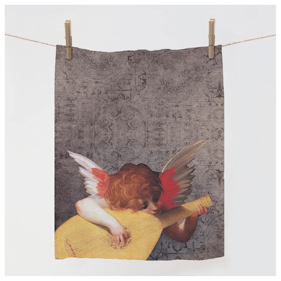 Dish towel, Cherub Playing a Lute, Rosso Fiorentino, 100% linen, Putto, kitchen towel, linen towel