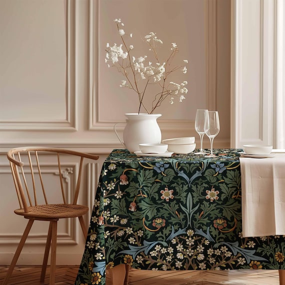 William Morris, Tablecloth, Blackthorn, Vintage flower pattern, 100% linen