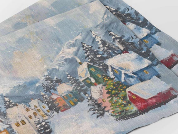 Placemats set, Mountain Village, Christmas decorations, Christmas gift, Holiday decor, Christmas print, 100% linen, Christmas Ornaments