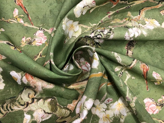 Olive fabric, Kiwi, Army colour, Vincent van Gogh, Almond Blossom, fabric by meters, fabric by yards, 100% linen, wholesale, linen fabric