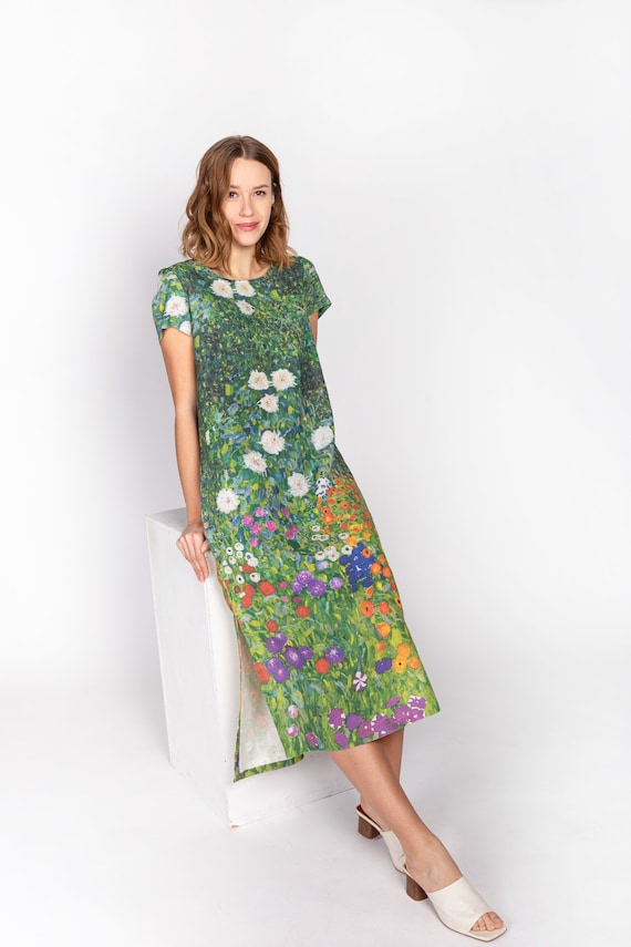 Linen dress, Gustav Klimt, Flower Garden, linen dress, summer dress, long linen dress, dress side splits, 100% linen