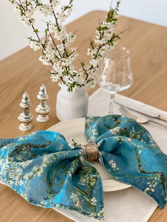 Linen napkins set, Almond Blossom, Vincent van Gogh, linen fabric napkins set of 6, 100% linen, hand made in Lithuania