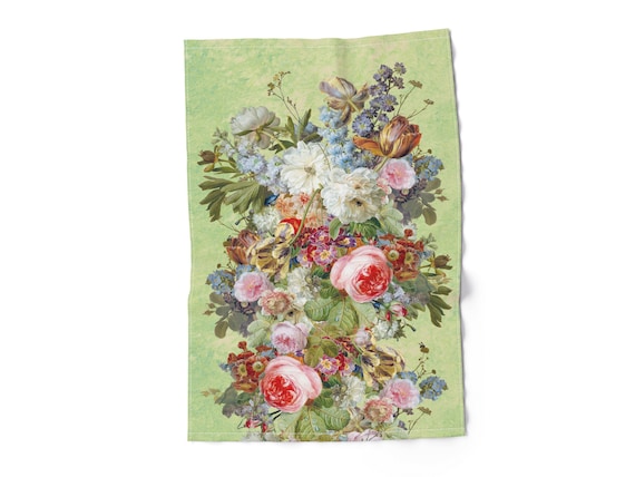 Floral Linen Dish Towel, Still Life Art Print, Green Edition, Vintage Kitchen Decor