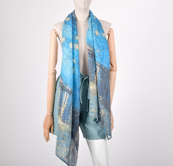 Scarf, Van Gogh, Linen scarf, Pure Linen, Women Scarf, Light weight scarf, Starry Night, Maxi scarf, Natural Flax, Festival scarf, art print