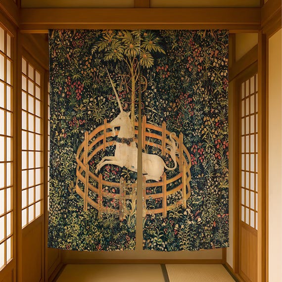 Linen Noren Curtain, The Unicorn in Captivity, Gothic Home Decoration, Japanese Doorway Divider, Custom Size