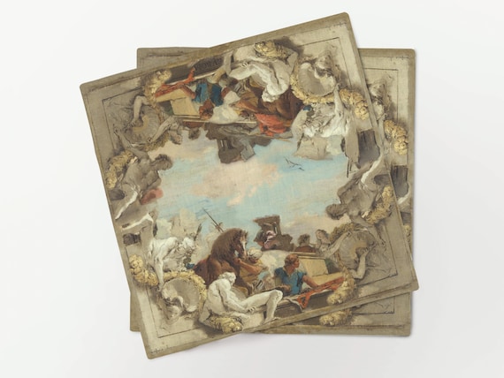 Linen Napkins, Allegory of the Planets and Continents, Giovanni Battista, Vintage Design, 100% Linen