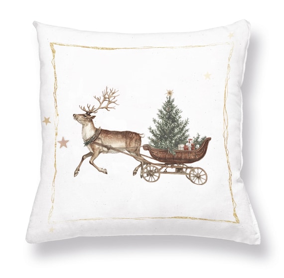 Cushion cover, Winter Carriage, Christmas decoration, linen pillow