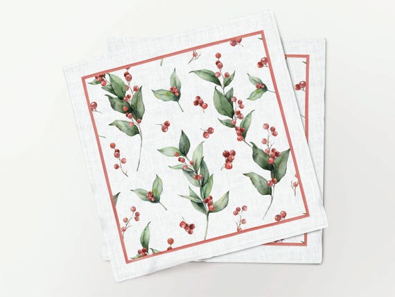 Napkins set, Berry Sonata, Holiday linens, Winter berries, Christmas decor, 100% linen, Christmas napkins