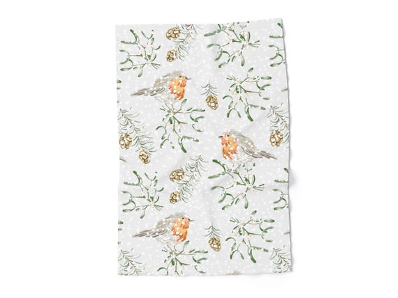 Kitchen towel, Winter Robins, Holiday linens, Christmas decor, 100% linen