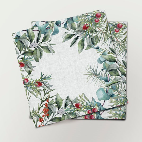 Christmas Linen Napkins Set, Holiday Botanical Print, Organic Fabric