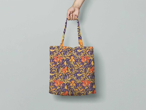 Tote bag, William Morris, Yellow Orange Iris Flowers, linen bag, art print, 100% linen bag