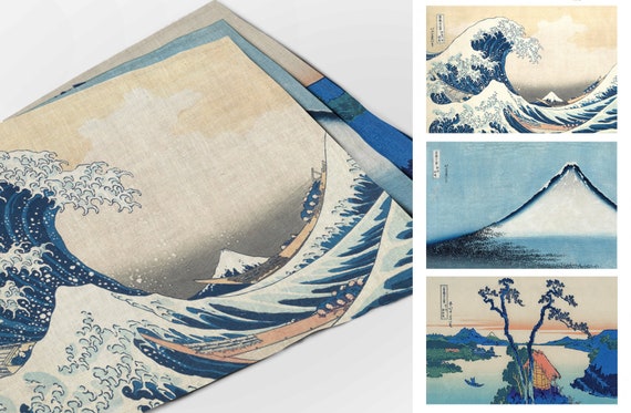 Placemats set, Katsushika Hokusai, linen placemats, three different artworks, Japan decor, Japan fabric, 100% linen, Europe