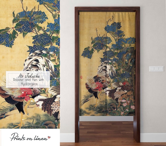 Noren, Itō Jakuchū, Rooster and Hen with Hydrangeas, door linen panel, Noren Linen, Noren curtains, 100% linen