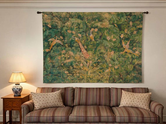 Verdure, Linen Wall Tapestry, 100% linen, Garden with Birds