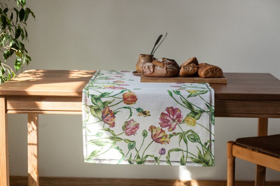 Easter table runner, Table runner, Parrot Tulips, Easter Decor, Easter gift, linen table runner, custom size, hand made in Lithuania