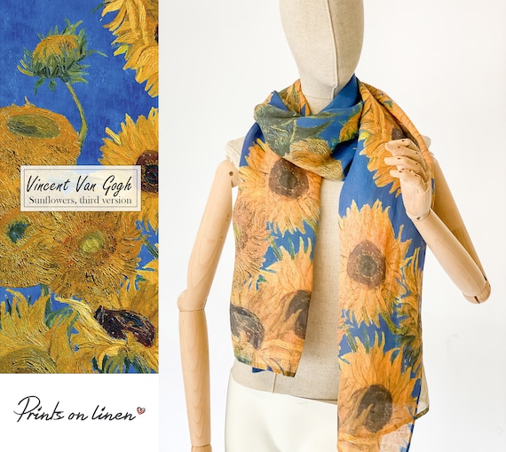 Blue - Yellow, Scarf, Van Gogh, Sunflowers, 100% linen, Linen scarf, gift idea, Boho Clothing, Gift For Her, Bohemian Scarf, Linen Wrap