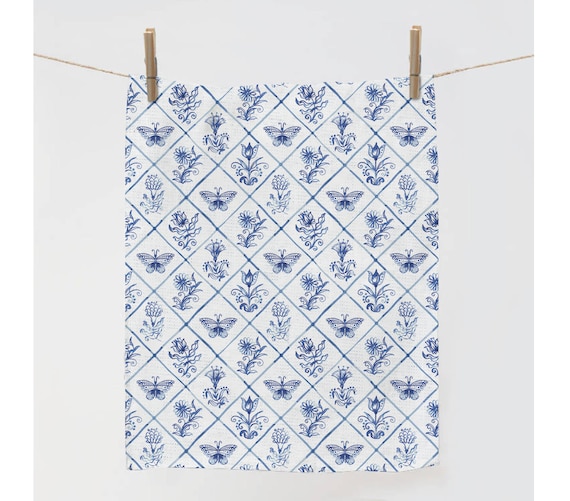 Kitchen towel, Rustic motifs, linen towel, rustic motifs in Dutch style, flowers and butterflies, 100% linen