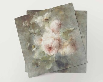 Tovaglioli di lino vintage con rose, tovaglioli in tessuto floreale, eleganti decorazioni da tavola