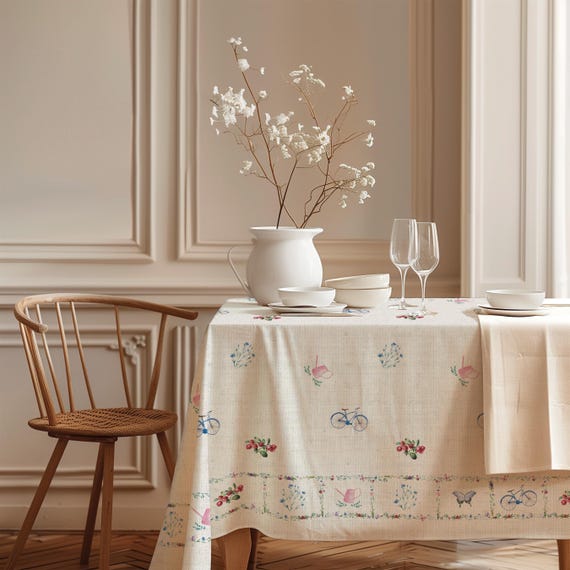 Tablecloth, Bicycle Pattern, 100% linen, farmhouse decor, rectangle tablecloth