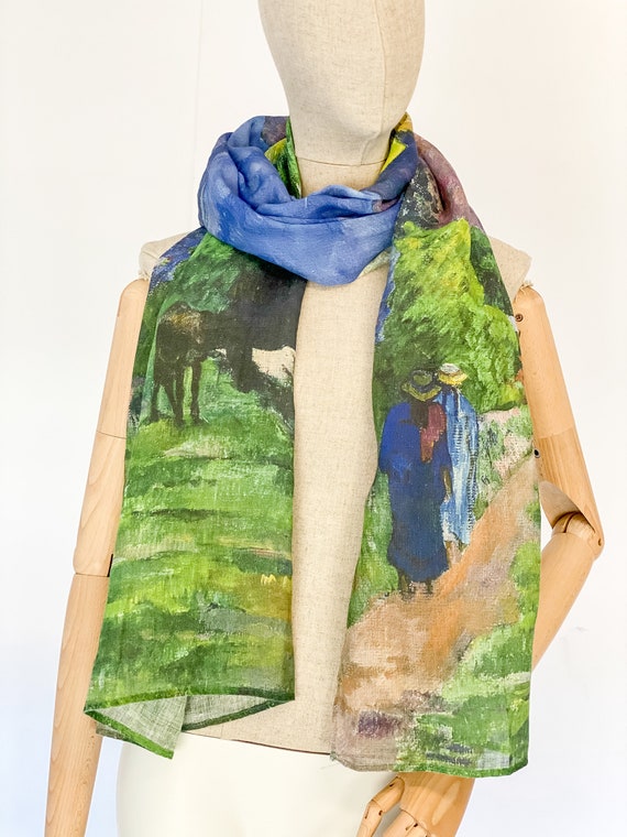 Linen scarf, Gauguin, Tahiti, art to wear, gift for her, scarves, women scarf, maxi scarf, blue scarf, hand made scarf, birthday gift