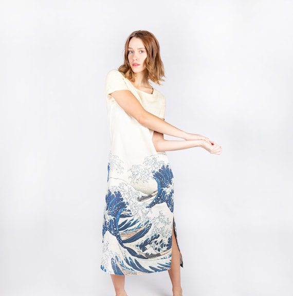 Katsushika Hokusai, The Great wave, Midi dress, Short sleeves dress, 100% linen, Summer dress, Japanese dress