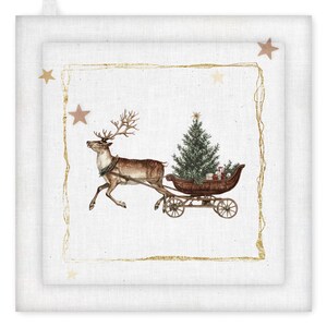 May include: A festive Christmas design showing a reindeer pulling a sleigh laden with a Christmas tree and presents. The image has a gold border and star accents on a white background. The reindeer is brown, and the sleigh is a dark brown colour.