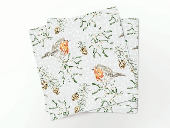Napkins set, Winter Robins, Holiday linens, Christmas decor, 100% linen