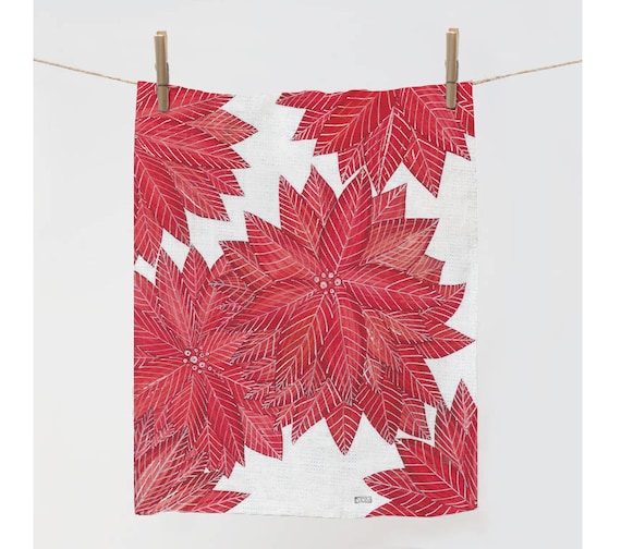 Kitchen towel, Poinsettia, Christmas Flower, linen towel, Christmas plant, Christmas kitchen decor, Christmas towel