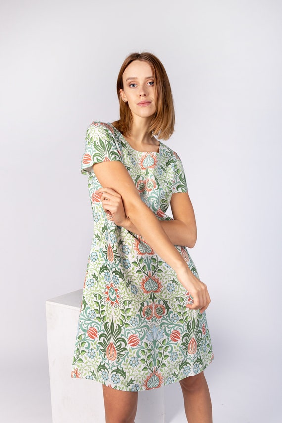 Linen dress, Persian, William Morris, dress short sleeves, summer dress, linen women dress, vintage dress, 100% linen