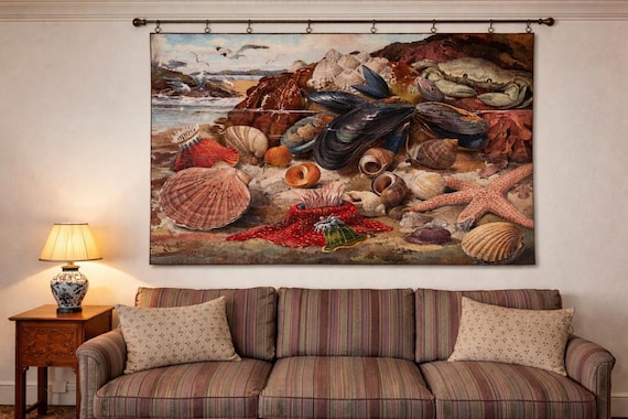 Linen Wall Tapestry, Marine Animals Tidal Pool Art