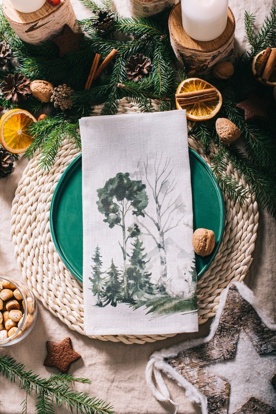 Napkins set, Wildlife Winter Landscape, linen napkins set, fabric napkins, Christmas napkins, Christmas decor, 100% linen
