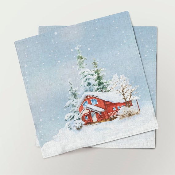 Christmas napkins, Winter landscape with a small wooden winter houses II, linen napkins, 100% linen, Christmas decor