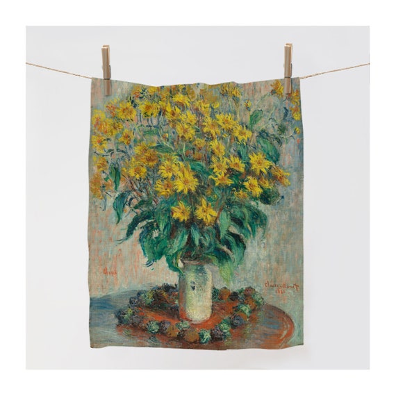 Linen towel, Jerusalem Artichoke Flowers (1880) by Claude Monet, kitchen towel, dish towel, linen kitchen towel, 100% linen, tea towel
