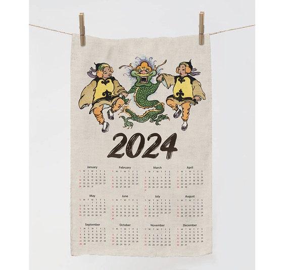 2024 Calendar Towel, Dragon towel, 2024 dragon year, Cat towel, Zodiac Tea Towel, linen towel, 100% linen