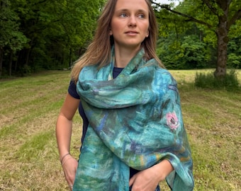 Linen Scarf, Claude Monet "Lilies" Print, Handmade