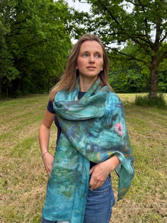 Linen Scarf, Claude Monet "Lilies" Print, Handmade