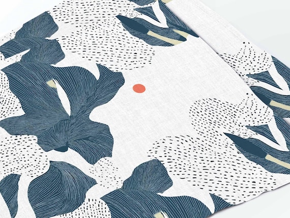 Modern Monstera Placemats, Navy Botanical Leaf Pattern, Abstract Tropical Table Decor, Linen Look Fabric Print, Boho Table Setting