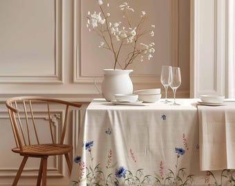 May include: A white tablecloth with a floral pattern featuring blue, pink, and green flowers. The tablecloth is laid on a wooden table with a white vase filled with dried white flowers, two wine glasses, and white bowls.